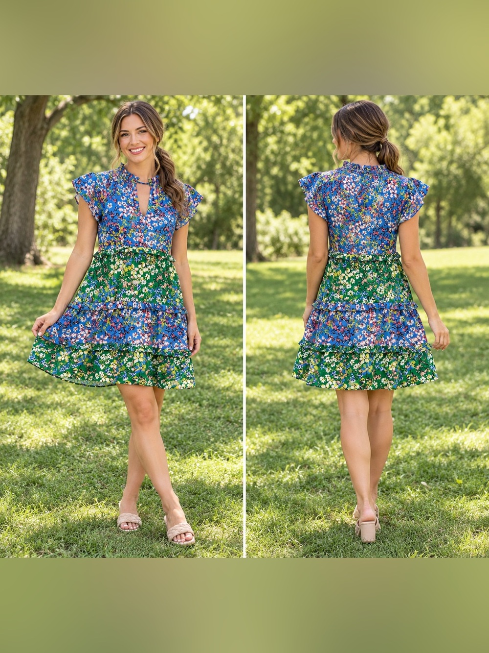 By Anthropologie Blue Green Floral Tiered Mini Dress XS Flutter Sleeve